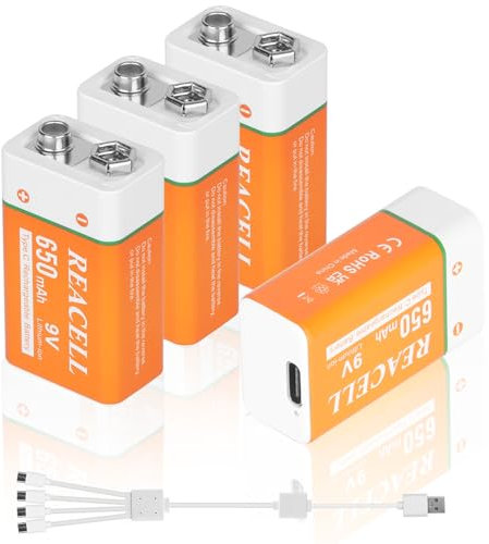 REACELL Batteria 9V Ricaricabile Tipo-C 650mAh Lunga Durata, Pile 9V Ricaricabile Li-ion, Ricarica Rapida 1,5 Ore, Confezione da 4