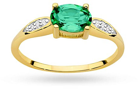 MARKO Damen-Goldring mit ovalem 0,80Ct Smaragd und 0,03Ct Diamanten, 14 Karat Gold (585) | Goldring mit Box | Goldring für Frauen (Smaragd, 59 (18.8))