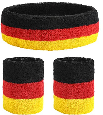 Yolev 3 Stück Schweißband Set enthält 1 Sport-Stirnband und 2 Sport-Armbänder Rot Gelb Schwarz gestreiftes Schweißband-Zubehör für Männer und Frauen…