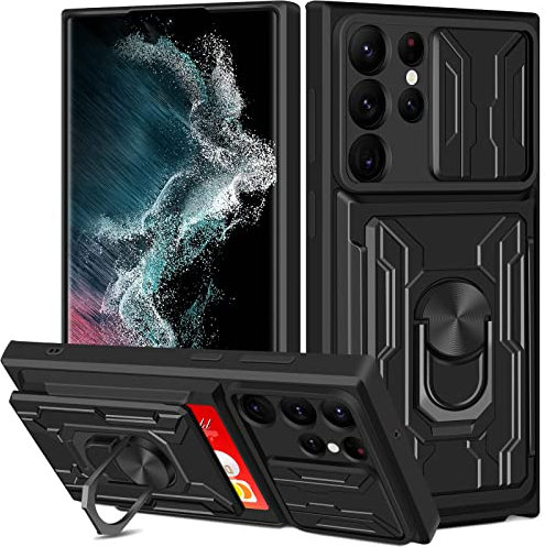 Aolcev for Samsung S22 Ultra Case with Card Holder Wallet Case Slide Camera Cover Ring Kickstand Heavy Duty Hard PC Soft TPU Bumper Armor Shockproof Protective Case Cover for Samsung S22 Ultra-Black