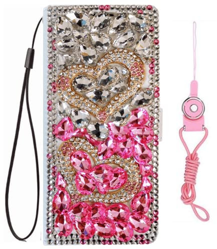 HFICY Schutzhülle für iPhone 14, mit 2 Glas-Displayschutzfolien für Frauen, glitzernde Diamanten, Leder-Filo-Schutzhülle und Umhängeband (rosa Doppelherz)