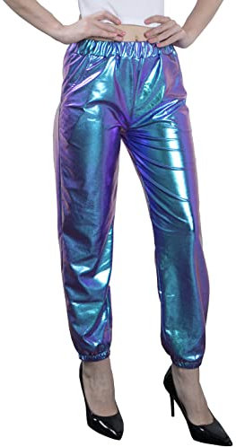 NewL Damen Metallic Glänzend Jogger Casual Holographische Farbe Streetwear Hose Hip Hop Mode Glatte Elastische Hose, blau, L