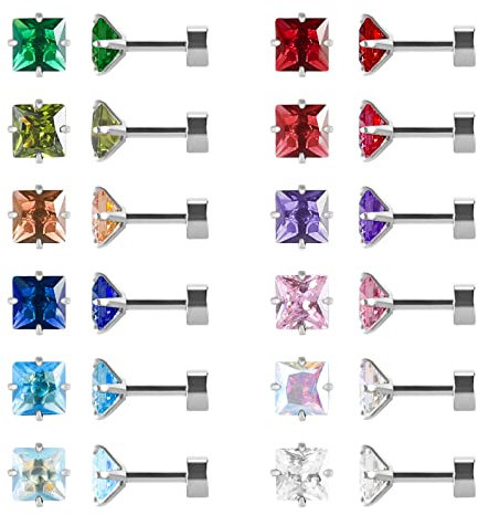 12 Paare flache Rückseite chirurgischen Edelstahl Ohrstecker, Schraube zurück Herz Stern Quadrat Teardrop vergoldet CZ Birthstone Ohrstecker Set Silber Quadrat 5mm