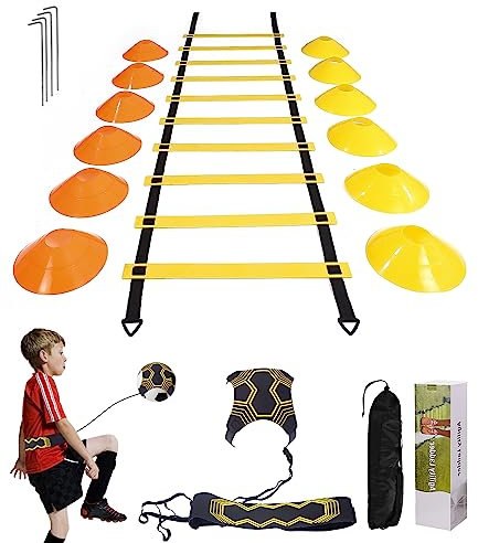 Jissta Set di Allenamento per velocità e agilità,Scala Allenamento 6M&12 Coni,Kit l’Allenamento con Il Pallone,con Borsa di stoccaggio Regolabile Scalette da Allenamento per Allenamenti di Football