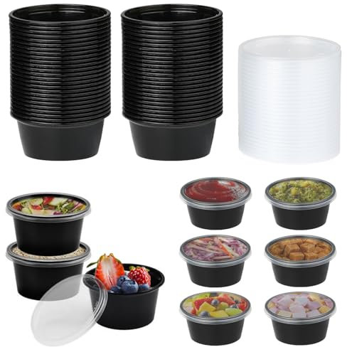 Jogoico 50 Piezas Tarros de Plastico con Tapa, 2OZ Botes Plastico con Tapa, Envases de Plastico Pequeños, Recipientes Comida para Salsas, Condimentos, Sopas, Snacks, Microondable, Reutilizable