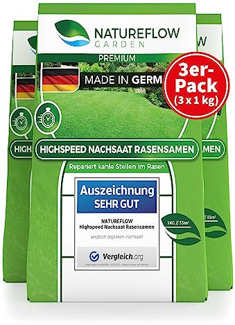 Rasensamen 3kg zur Nachsaat - Turbo-Nachsaat zur schnellen und zuverlässigen Rasen-Reparatur - Besonders Schnellkeimende Rasenmischung - Selbstdüngende Rasen-Nachsaat