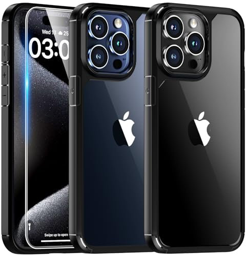 TAURI 3 in 1 für iPhone 15 Pro Max Hülle, 1 Handyhülle+2 Schutzfolie, [Nie Vergilbung] Handyhülle für iPhone 15 Pro Max Case Schlanke Stoßfeste Anti-Kratzt - Schwarz