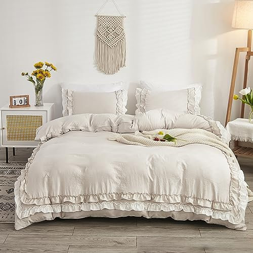Herside Rüschen Bettwäsche 200x200 Beige Böho Bettwäsche Sets Weiß Beige 2-Schicht Rüschen Design Weich Mikrofaser Bettbezug 2 Kissenbezüge 80x80 cm (Weiß-Beige Grau, 200 x 200 cm)