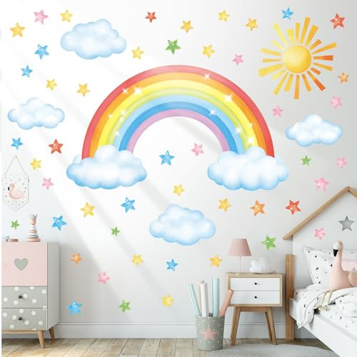 DECOWALL SG3-2314 Groß Regenbogen Wandtattoo Wolken Wandsticker Sterne Wandaufkleber set für Kinderzimmer Wanddeko Mädchen Junge Babyzimmer Schlafzimmer
