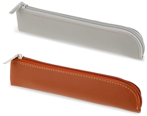 Amaxiu PU Leder Federmäppchen, schmal, 2 Stück kleines Stiftetui für 4–6 Stifte tragbare Schreibwarentasche Kosmetiktasche minimaler Aufbewahrungstasche mit Reißverschluss(Brown+Grau)