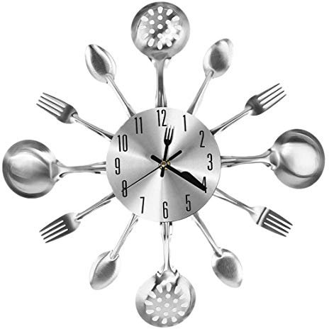 Bumdenuu Orologio da parete in metallo con da cucina da 14 pollici con forchetta e cucchiaio orologio al quarzo 3D Tictac per la decorazione della casa della camera da letto,