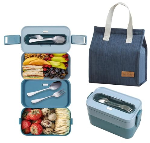 Resszo Lunch Box Kit - Porta Pranzo da ufficio 1600ml Bento Box in PP, 2 Strati Porta Pranzo con Posate per Picnic Scuola Uffici Adulto Bambini, Microonde Sicuro (Blu)