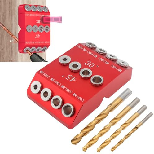 Omninmo Gabarit de guidage de trou de 30 à 45 degrés avec 4 forets pour trou coudé et droit, câble de terrasse, balustrade, vis tire-fond pour câble, poteau en bois, main courante