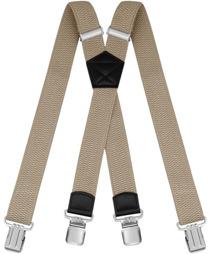 HNOOM Hosenträger für Herren Damen: Breit 3.8 cm, Einstellbar und Elastisch Arbeitshose Hosenträger, 4 Starken Metall Clip, X Form, Einheitsgröße für Männer und Frauen (Beige)