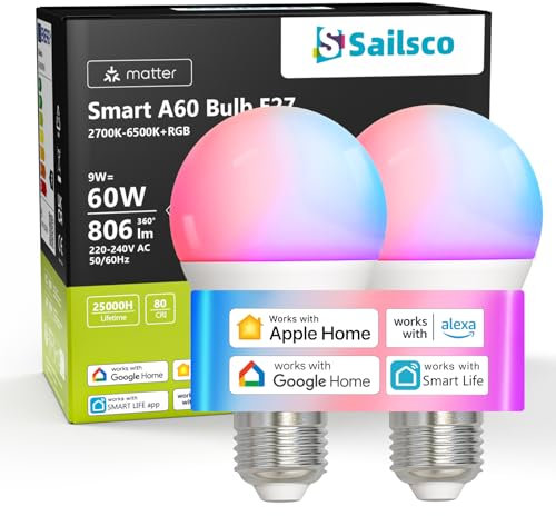 sailsco Matter Alexa Glühbirne Smart Lampe E27,WiFi LED Lampe Kompatibel mit Alexa/Google Home,Kontrolle durch Smart Life APP,Dimmbar Warmweiß-Kaltweiß und Mehrfarbige Birne,A60 9W 806LM,2 Stück