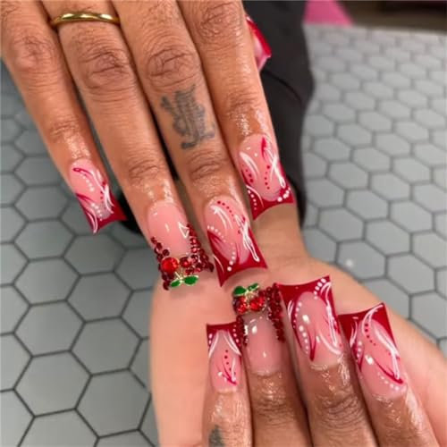 Red Shiny Cherry Fake Nail Short Trapezoid Press on Nails French Tips Nail Art Decoration for Women and Girls Manicure 24pcs