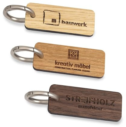 STREIFHOLZ Schlüsselanhänger aus Holz mit Logo Gravur personalisiert, Eiche Nussbaum und Kirschbaum mit Schlüsselring