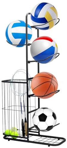 QWORK® Basketball Storage Rack, Ball Stand with 5 Ball Stands and Baskets, Organizer for Sports Equipment, 116 * 23.5 * 58cm