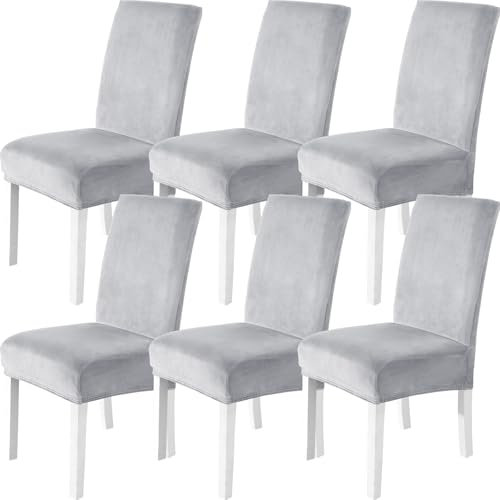 CYCMACO Stuhlhussen Samt 6er Set, Stretch Stuhlüberzieher, Stuhlbezug Schwingstuhl, Hussen Für Stühle Hochlehner, Stuhlbezüge Kratzfest, Universal Chair Cover Waschbarer, Silber-grau