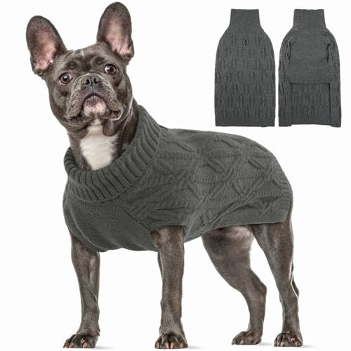 Hundepullover mit Zopfstrickmuster, Weihnachtspullover Hund Dicken Hundepulli Warmer Rollkragen Hunde Pullover Winter Hundebekleidung(Grau, L)