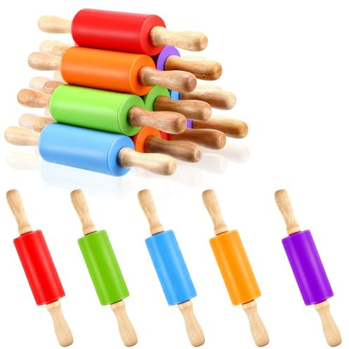 10Pcs 9 Inch Silicone Small Rolling Pin for Kids Wooden Rolling Pins for Baking Mini Rolling Pin Silicone 5 Colors Wooden Handle Rolling Pin for Kitchen Cake Baking Cookie