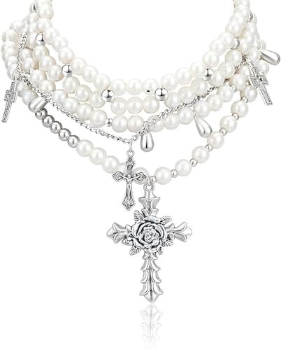 Mezrkuwr Mehrreihige Perlenkette, Statement-Halskette mit gotischem Kreuz und Perlen für Damen, übereinander tragen perlen perlenkette damen