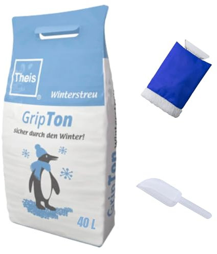 Winterstreu-Bundle-Set - Natürliches, Salzfreies Streugut für Gehwege und Straßen, Umweltfreundlich und Wiederverwendbar, mit Blauem Engel ausgezeichnet, mit Eiskratzer und Streu-Schaufel (40 Liter)