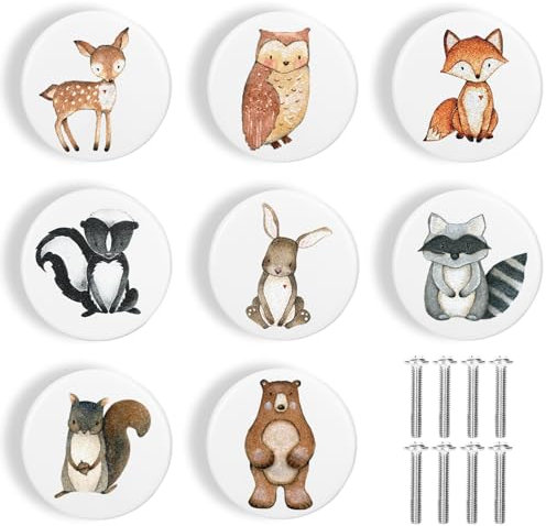 Whaline 8Pcs Wooden Animal Cabinet Knobs with Screws White Woodland Animal Dresser Knobs Natural Wood Furniture Knobs for Nursery Drawer Handles Room Cabinet Pulls Decor