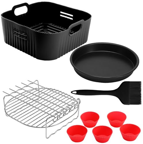23CM Accesorios para Freidora sin Aceite para COSORI 6L/6,2L/6,4L, Cecotec 7,6L, Juego de 5 Piezas moldes Freidora de Aire con Rejilla multiusos, molde silicona Freidora de Aire,Bandeja para Pizza etc