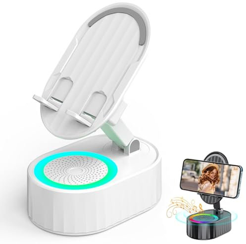 Wireless Induction Audio Bluetooth Speaker 5 in 1 Phone Holder, Cell Phone Stand with Wireless Bluetooth Speaker, Foldable Tablet Stand, HD Surround Sound Bluetooth Speaker for Home Office (White)