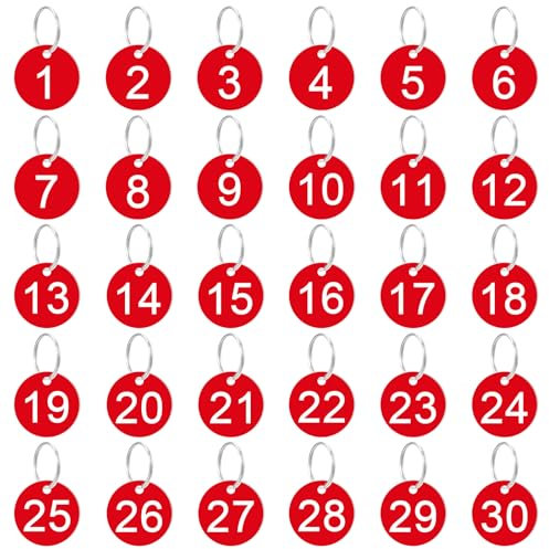 TIESOME 30 Pack 1-30 Kunststoff Zahlen Tags mit Schlüsselringen, Rond Nummer Tags garderobenmarken Eintrittskarten Nummerierte Schlüsselanhänger Tags für Wohnheimschlüssel Haus Schließfächer (Rot)