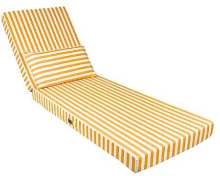 Kissen für Sonnenliege – 190 x 60 x 10 cm – Matratze für Sonnenliege mit Kissen – abnehmbarer Bezug, wasserabweisend, UV-Schutz, sehr bequem, 190 x 60 x 10 cm, gelbe Streifen