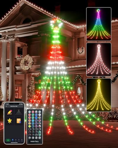 3.6M Smart Outdoor Christmas Tree Lights - App Control DIY Waterfall Star Fairy Light Colour Changing, Music Sync, Timer Waterproof Curtain Lights Mains Powered for Garden Xmas Wedding Decor