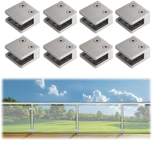 LukLoy 8 PCS Brushed Glass Clamp For Glass Balustrade, Stainless Steel Square Flat Back Glass Brackets for Glass Railing, Heavy Duty Glass Bracket Fit for 5/16 -15/32 (8mm-12mm) Tempered Glass