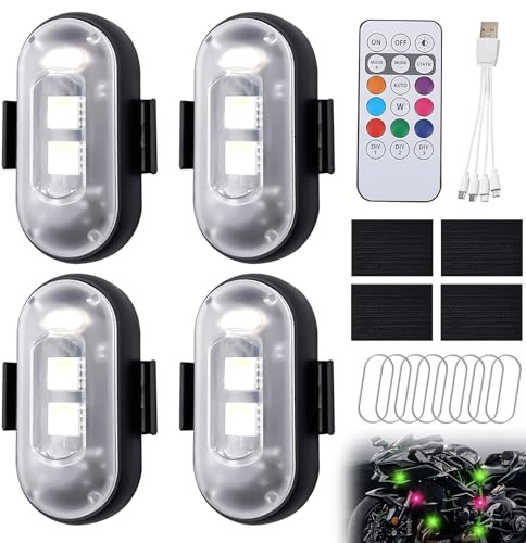 LEKEFETO 4 Stück Kabellose LED Lichter Autos: 8 Farben Wasserdicht Auto Blitzlicht mit Fernbedienung, USB-Aufladung Antikollisionslichter, WirelessLED Light, Strobe Drone Light, für Motorrad, RC-Auto