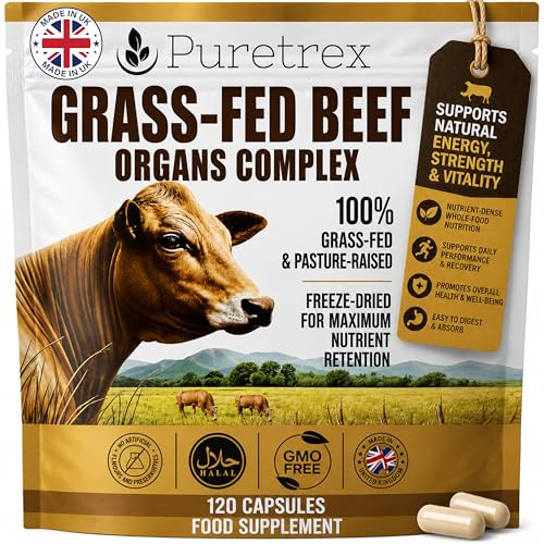 Puretrex Grass Fed Beef Organs Complex, Halal, 120 Capsules, Freeze Dried | Grass Fed Liver Heart Kidney and Spleen Non Defatted with BioPerine No Fillers Wholefood Nutrition