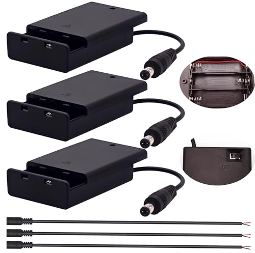 CTRICALVER Porta batterie 3 pile AA con interruttore e coperchio, Scatola di supporto per batterie 4,5V con connettore DC maschio e cavo DC femmina di 0,3 m, set *3 Adatto per strisce LED o DIY