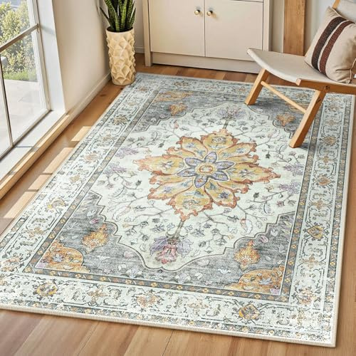 INOVADAY Teppich Wohnzimmer Waschbar 90x150 cm Retro Gelb/Grau/Orange/Lila | Teppich Schlafzimmer, Vintage Teppich Waschbar, Esszimmer, Büro, Kurzflor Rutschfest, Boho, Retro, Weich, OEKO, Gedruckte