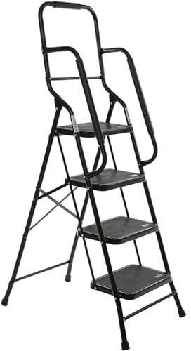 XCHSXYL Scala a pioli, Scala a 4 gradini, Scala per Attrezzi, Pieghevole, Struttura in Acciaio Portatile, Portata 227 kg, braccioli Laterali Antiscivolo, Ampi Ripiani Staccabili