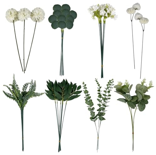 LUMITERRA 55 Stück Künstliche Zweige & Kunstblumen, Weiß Blumen Blätter Künstlich Dekozweige, Kunst Blumen Kunstblumenstrauss Eukalyptus Hortensien für DIY Blumenstrauß Brautstrauß Hochzeit (Weiß)