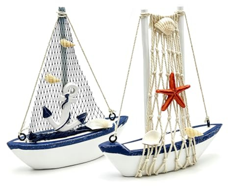 2 PCS Mini Sailboat Decor Bathroom Ornaments Nautical Coastal Table Decor Handmade Wooden Nautical Bathroom Shelf Ornament for Sea Themed Home Decoration and Ocean Lovers