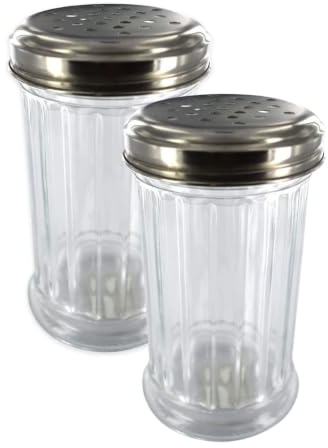 Fackelmann 9328850 Puderzuckerstreuer oder Parmesan, Streuer, Streuer für Risotto Parmesan, Glas, Edelstahl, 13,5 x 7,5 x 7,5 cm