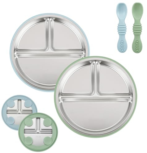 PandaEar Edelstahl Baby Saugteller Set, 2 geteilte Teller mit Saugnapf & 2 Löffel, Baby Geschirr für Beikost & selbstständiges Essen, BPA-frei (Blau Grün)
