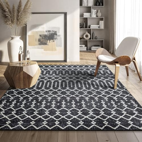 SANAT Boho Teppich – Moderner Teppich im Boho Stil, Geeignet für Wohnzimmer, Schlafzimmer, Flur, Esszimmer und Kinderzimmer – Ethno Schwarz, Größe: 200 x 290 cm