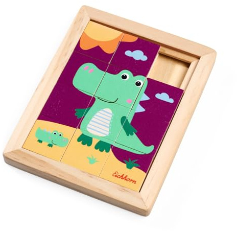 Eichhorn Schiebespiel Krokodil - Knobelspiel mit 9 verschiebbaren Teilen zur Förderung von Logik, Konzentration und Feinmotorik, kompaktes Puzzle mit Tiermotiv, ab 3 Jahren