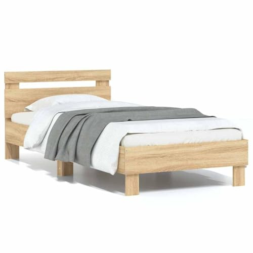 Mhdvray Einzelbett Sonoma-Eiche 75x190 cm mit Kopfteil Modernes Bettgestell aus Holzwerkstoff und Sperrholzlatten Robustes Jugendbett ohne Matratze für Schlafzimmer und Gästezimmer