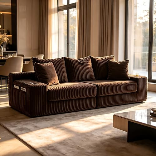KCGKCG Schlafsofa - Boneless Sofa 4 Sitzer, Sofa mit Schlaffunktion 273 cm Breit, 2-in-1 Bodensofa Cord Sofa mit Beidseitigen Taschen und Getränkehaltern, Sofa & Couch mit Fünf Weichen Kisse (Kaffee)