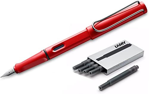 Lamy Safari Fountain Pen, Medium Nib + 5 Black Ink Cartridges (Pink)