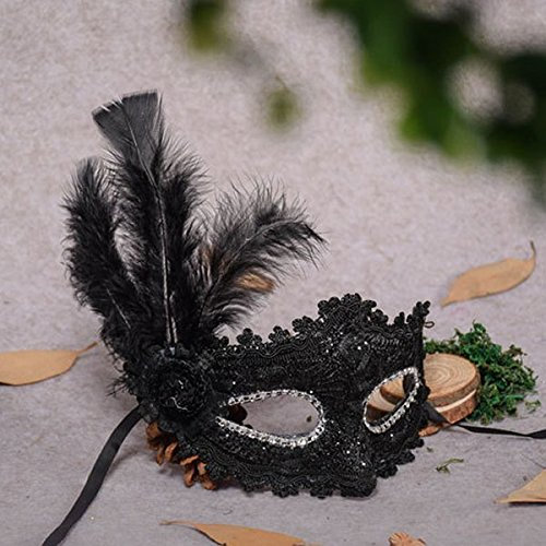 Veewon Mode venezianischen Gesichtsmaske Feder Dekoration Frauen Maskerade Masken für Halloween, Maskerade, Kostüm Party (Schwarz)