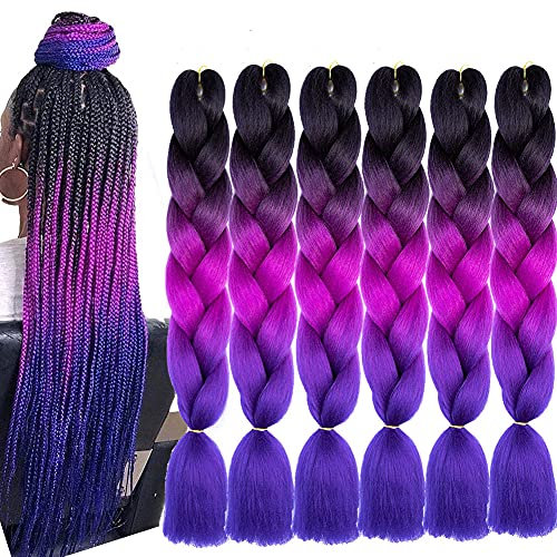 Extension per Treccine Africane Extension Capelli Finti per Treccine Afro 60cm Ombre Kanekalon Treccia Capelli Sintetici Crochet Twist Jumbo Braids 6 Pezzi (Nero/Viola scuro/Viola chiaro) 